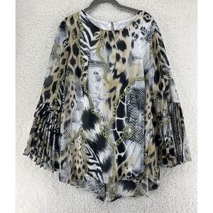 Women's Animal Print Chain Link Tunic Size Medium Pleated Flare Sleeves Chic